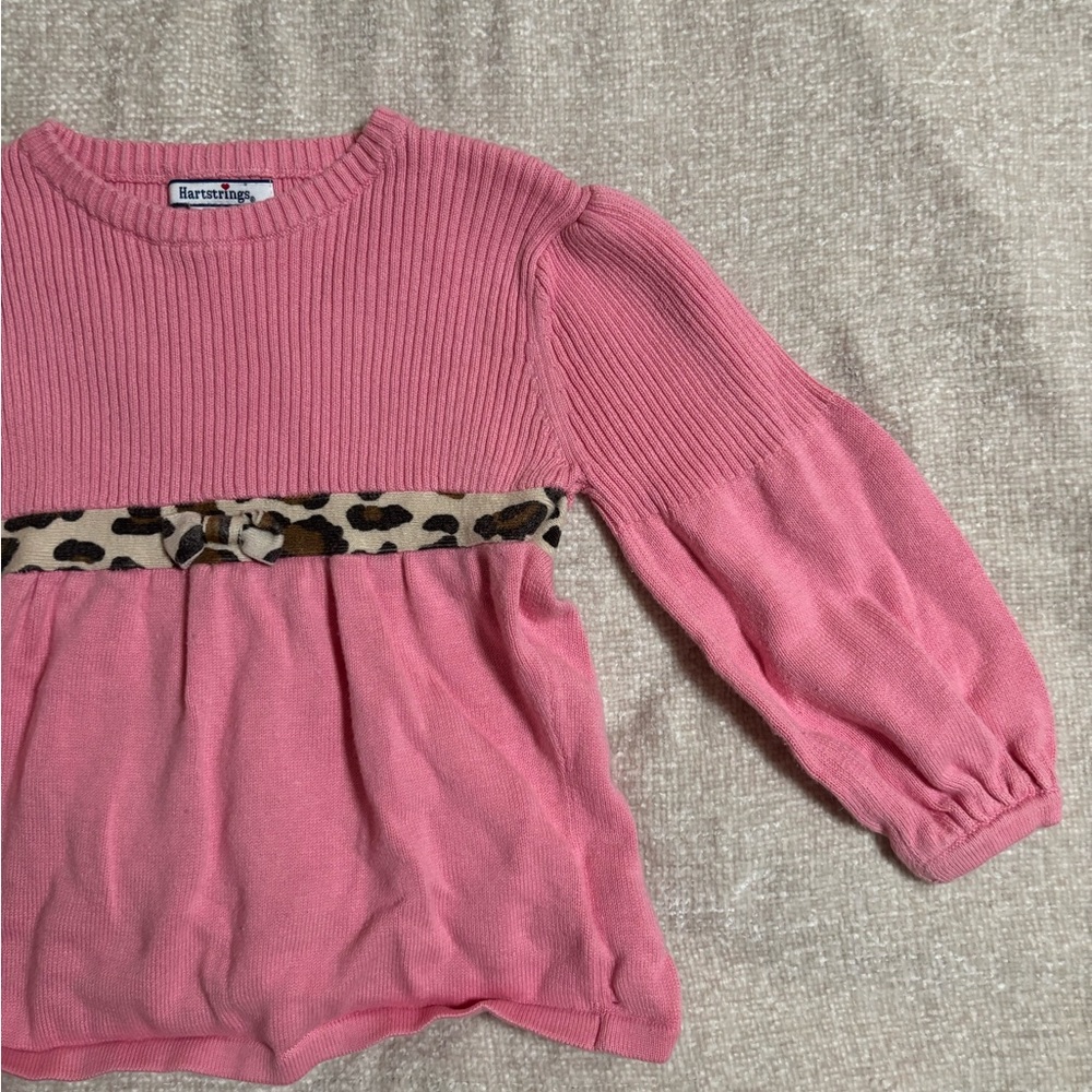 Vintage Hartstrings Pink Knit Girls' Long-Sleeve Top with Leopard Trim